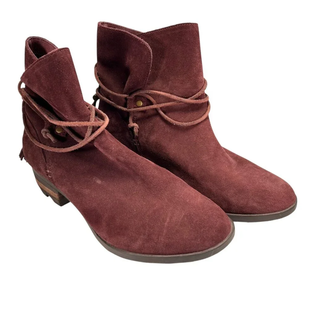 Sorel Womens Burgundy Suede Ankle Boots Wraparound Tassel Laces Low Block Heel - Picture 4 of 16